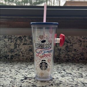 EUC Starbucks Clear Valentines Love Tumbler with Pink Straw and Navy Rim
